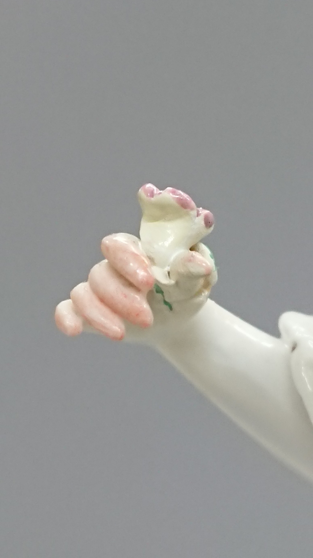 Chelsea Derby porcelain bocage figure candlestick, shepherdess with a lamb raised on a pink and gilt - Image 9 of 9