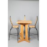 Rustic elm wood bar table, with a set of four elm wood high chairs with black wrought iron frames,