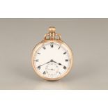Gents 9 carat gold open faced pocket watch, white framed dial with black Roman numerals and a