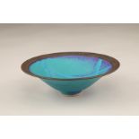 20th century conical studio pottery bowl, royal blue glaze with a heavy overlay of sky blue. 18cm