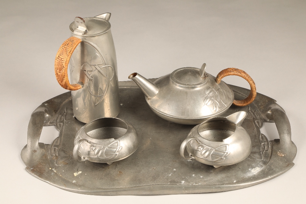 Archibald Knox pewter tea service with tray, designed for Liberty & Co pattern 0231 comprising of