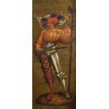 Unsigned Pair of framed oils on canvas 'Figures in Medieval dress' 110cm x 43cm