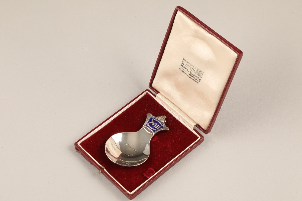 Edward VIII coronation silver caddy spoon, circular hammered bowl and blue enamelled coronet