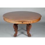 Victorian mahogany telescope dining table, raised on four cabriole legs and scroll feet, six