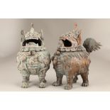 Pair 19th/20th century chinese lion dog bronze incense burners hinged heads with open mouths. 32cm