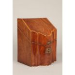 George III serpentine fronted inlaid mahogany knife box, hinged sloping lid, revealing a fitted