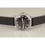 Gents 1950's stainless steel Jaeger Le Coultre wrist watch, black dial luminous numerals and hands