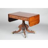 Victorian rosewood dropleaf sofa table with two fitted drawers, central column quadraform legs,