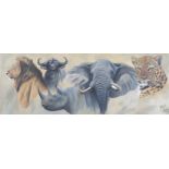 Jonathan Truss Framed oil on canvas, signed 'Africa's Big 5' 28cm x 77cm