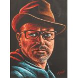 Graham McKean ARR Framed pastel, signed 'Self Portrait with Grandfathers Hat' 39cm x 28cm