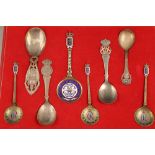 Cased set of eight Danish commemorative spoons. Box is marked, 'Lombard Geneve'. Three spoons are