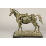 Large bronze sculpture, a stallion with a wounded naked man. Green platina, signed L Ciidus. 76cm