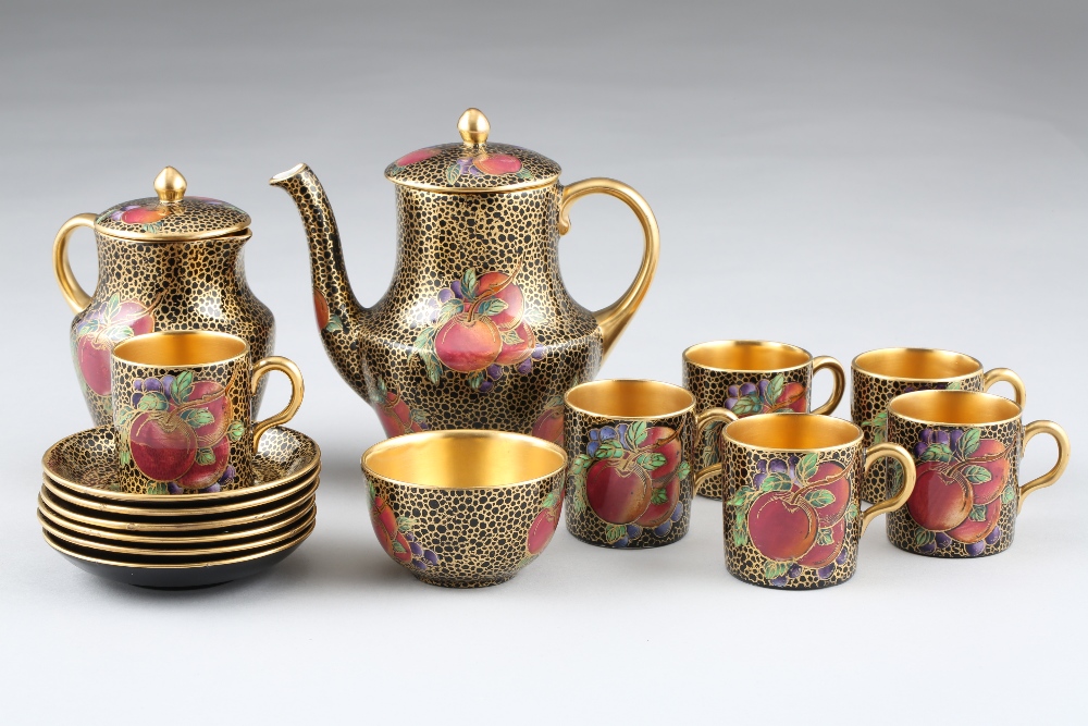 Fifteen piece Maling lustre coffee set, plum and berry, pattern 3615, gilt interiors and handles. - Image 2 of 7