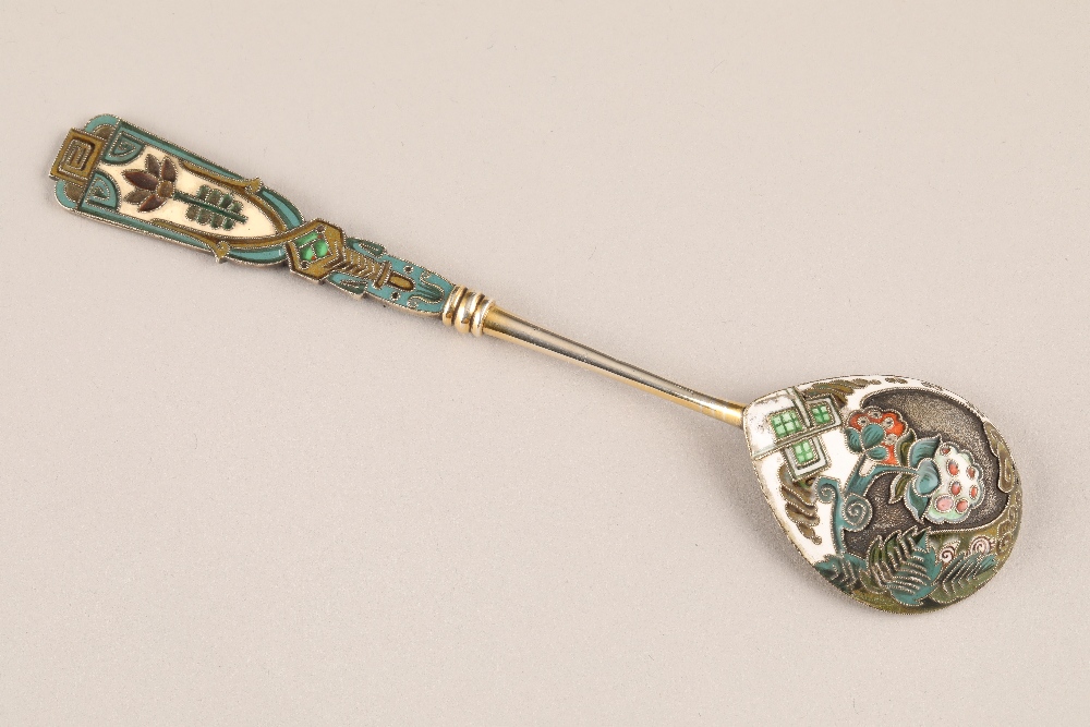 Faberge Russian silver gilt and enamel spoon, decorated with stylised flowers, 17cm long