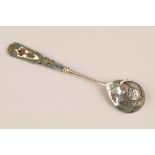 Faberge Russian silver gilt and enamel spoon, decorated with stylised flowers, 17cm long