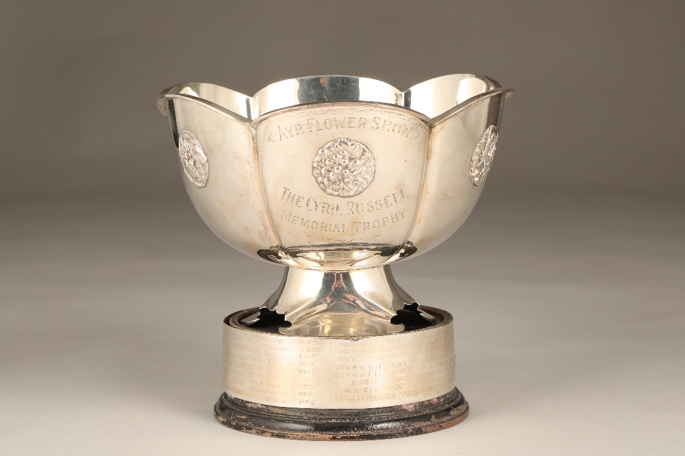 Silver bowl with embossed floral decoration, 'Ayr Flower Show, The Cyril Russell Memorial Trophy;