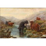 Robert Watson (1856-1916) Gilt framed oil on canvas, signed and dated 1920 'Highland Cattle by a