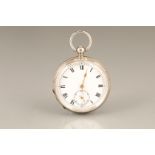 Open faced silver cased pocket watch, key wind, white enamel dial, seconds subsidiary dial, gilt