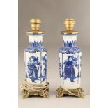 Pair 20th century Chinese blue and white lamps, Bangchuiping rouleau shaped, decorated with