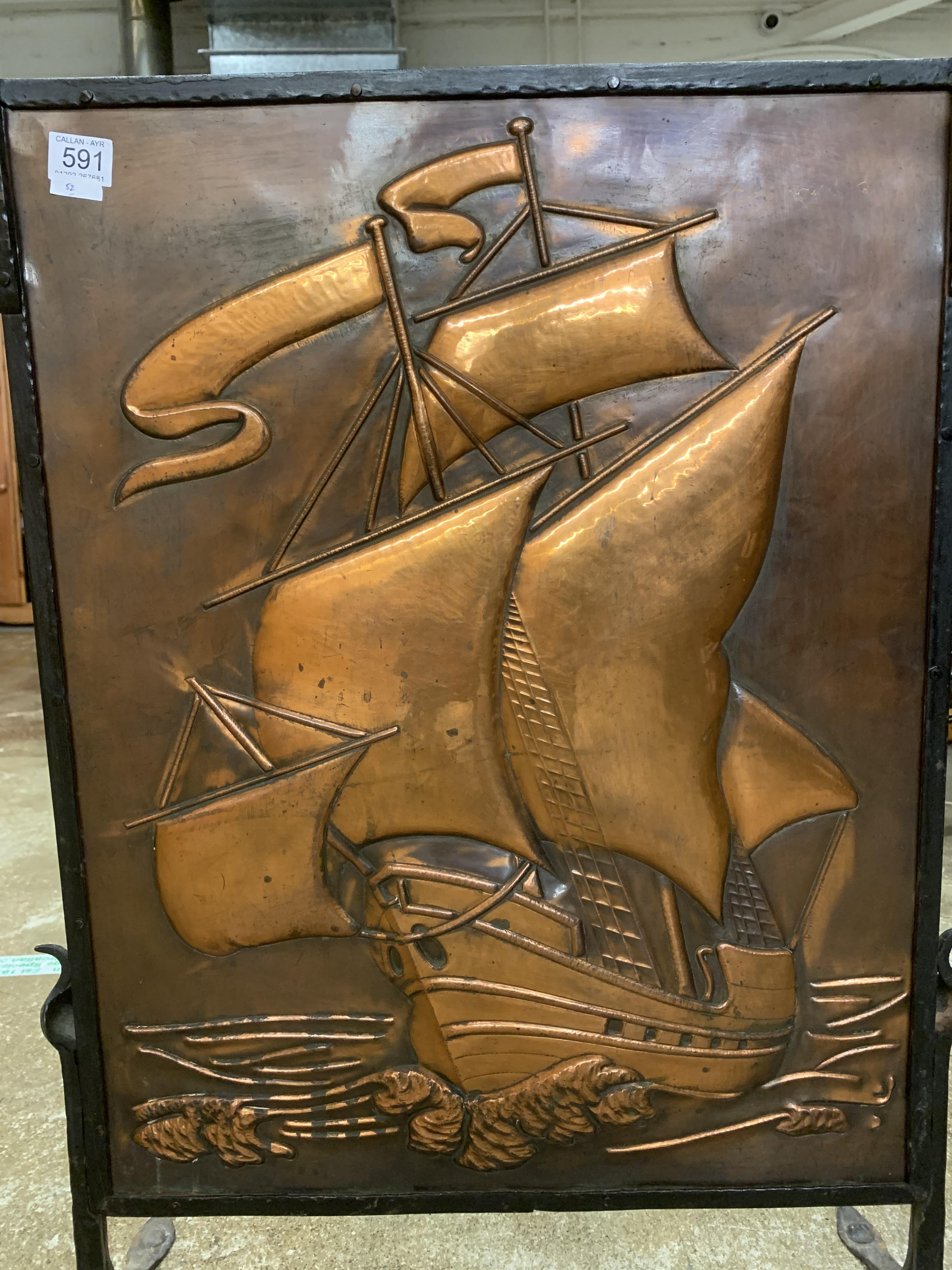 Arts & Crafts fire screen, wrought iron frame with an embossed ship copper panel. 61cm wide, 84cm - Image 2 of 7