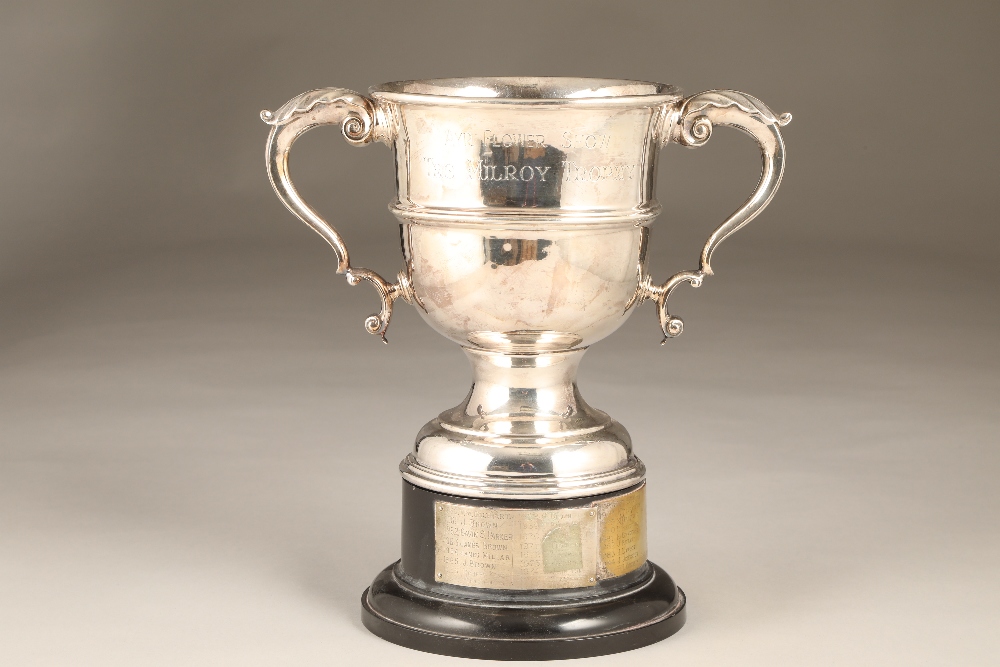 Twin handled silver trophy with plinth, 'Ayr Flower Show, The Milroy Trophy; Birmingham 1959.