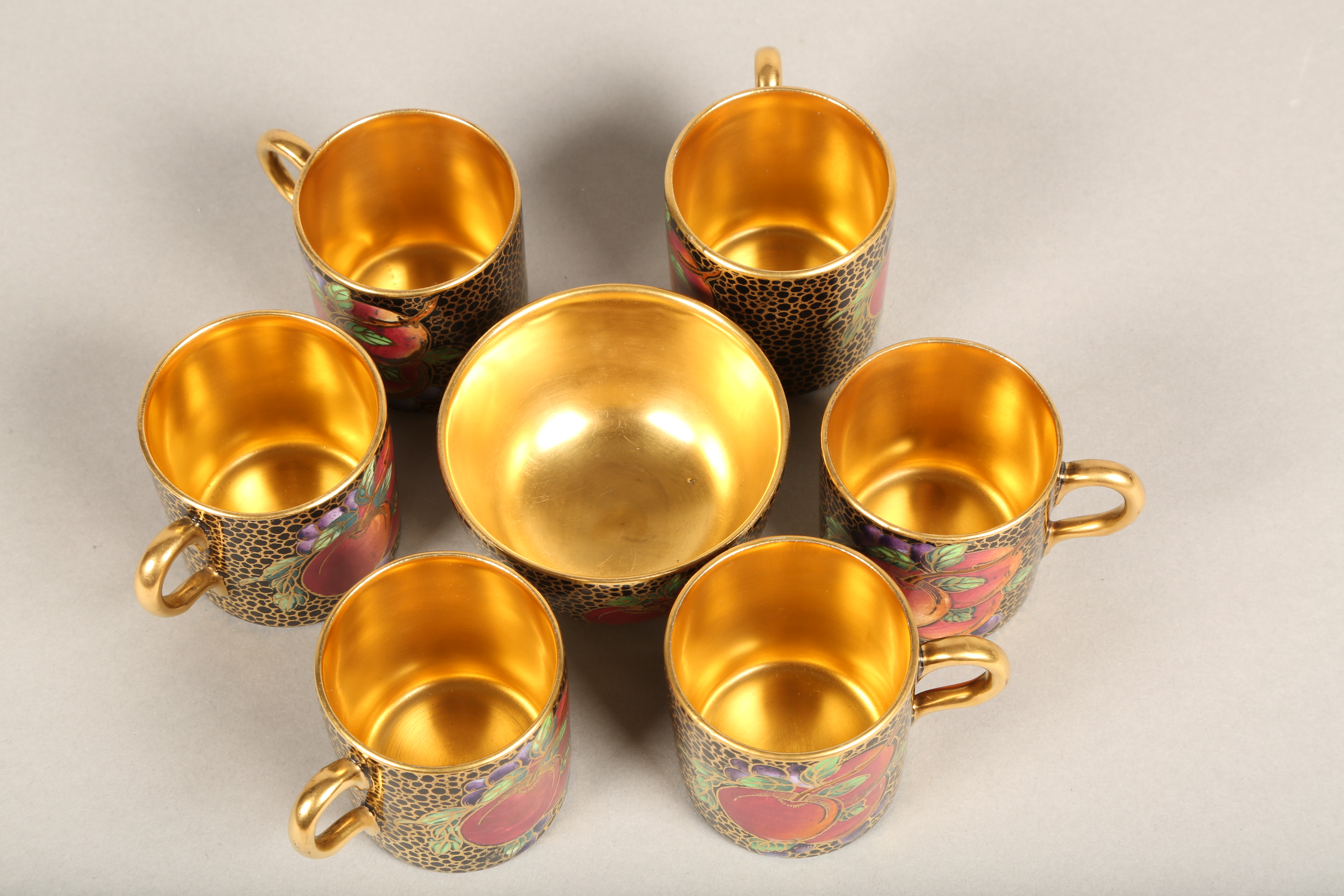 Fifteen piece Maling lustre coffee set, plum and berry, pattern 3615, gilt interiors and handles. - Image 6 of 7