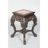 Chinese hardwood jardiniere stand, square top with rouge marble insert, pierced carved apron