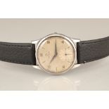 Gents vintage stainless steel Omega wrist watch, seconds subsidiary dial, black leather strap. (