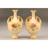 Pair Royal Worcester blush ware vases, with hand painted floral decoration. No1683 RDNo 214562. Date