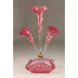 Victorian cranberry glass epergne. 51cm high