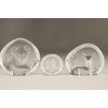 Eight Swedish glass wildlife paper weights by Mats Jonasson, including; Heron 17.5cm long 18.5cm