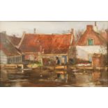 Eugene Dekkert (1865-1956) ARR Gilt framed oil on canvas, signed 'Canal Side with Figures' 27cm x