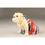 Royal Doulton bone china British Bulldog, draped with Union Jack Flag. RD No 645658. 15.5cm high