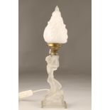 Art Deco frosted glass table lamp and shade in the form of a nude maiden. 42cm high