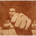 Mark Evans ARR Hand etched leather panel 'Muhammad Ali' 50cm x 50cm Provenance: Purchased directly