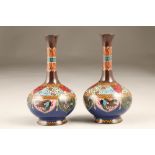 Pair Japanese cloisonne vases, bottle shaped, banded decoration with shield shaped panels of birds