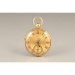 Gents 18 carat gold open face pocket watch, gilt dial with gilt Roman numerals. Subsidiary seconds