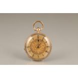 American 14k pocket watch, gilt engraved scroll and floral dial, Roman numerals, back decorated with