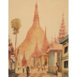 Ngwe Gaing (Burmese 1901 - 1967) Framed watercolour, signed 'Shwedagon Pagoda, Yangon Myanmar'
