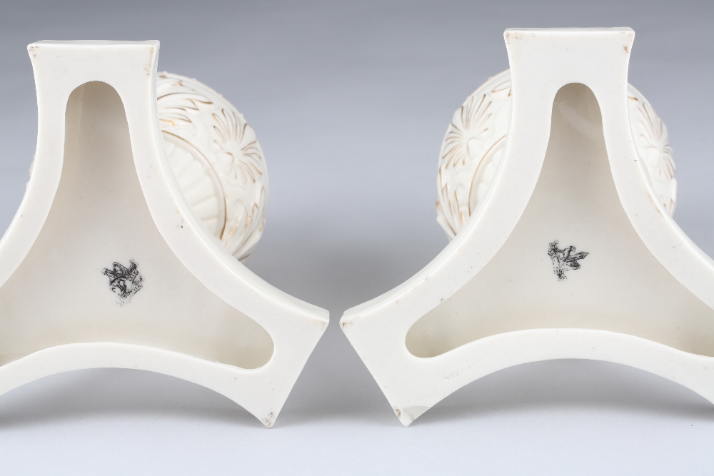 Pair of Belleek first period vases, ovoid shaped, supported on three splayed legs with hoof feet - Image 2 of 7