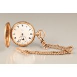 Gents 9ct gold hunter pocket watch and double albert chain, white enamel dial with Roman numerals