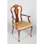 Edwardian mahogany open armchair, with inlaid ivory and boxwood decoration. 97cm high