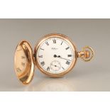 Hunter gold plated cased pocket watch by Waltham, white enamel dial, seconds subsidiary dial.