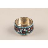 Imperial Russian silver and enamel circular salt, blue bead borders, sides decorated with flowers