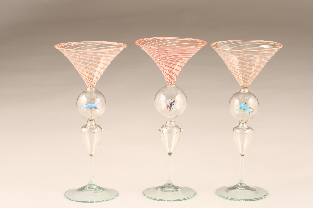 Set of six Venetian hand blown glasses, each glass has a coloured glass animal encased in the - Image 2 of 2