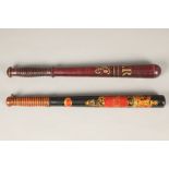 Two Victorian police truncheons, both marked VR, ribbed handles, one from the Royal Burgh of