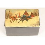 Russian black laquered box, hinged cover with hand painted winter landscape with a horse drawn