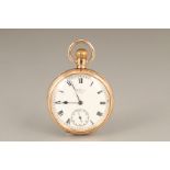 Open faced gold plated cased pocket watch by Waltham, white enamel dial, seconds subsidiary dial.