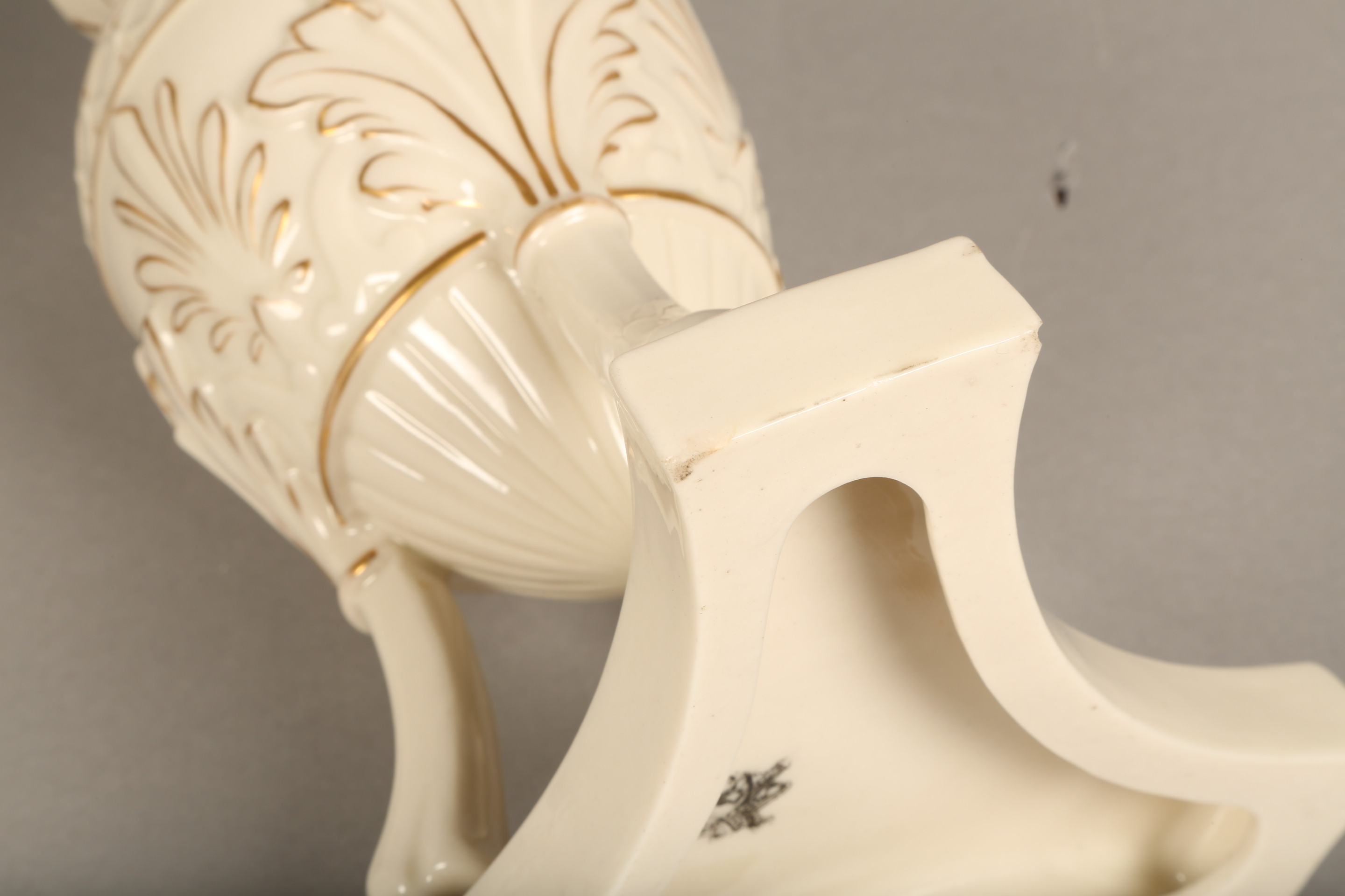 Pair of Belleek first period vases, ovoid shaped, supported on three splayed legs with hoof feet - Image 6 of 7