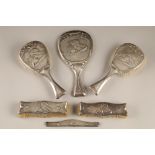 Art Nouveau silver six piece dressing table set, consisting of two pairs of brushes, hand mirror